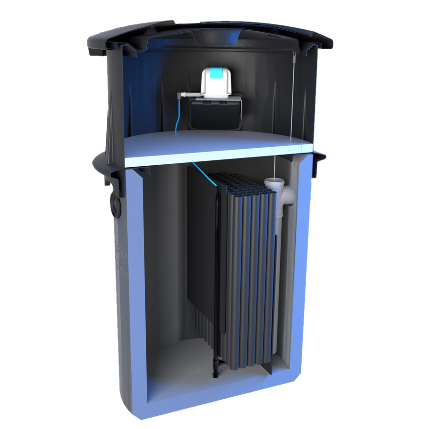 Biopuhdistaja 3 harmaavesille kotiin ja mökille leikkauskuvassa – kuvassa näkyvät laitteen sisäosat, kuten ilmastus ja biomoduulit biologista puhdistusta varten.