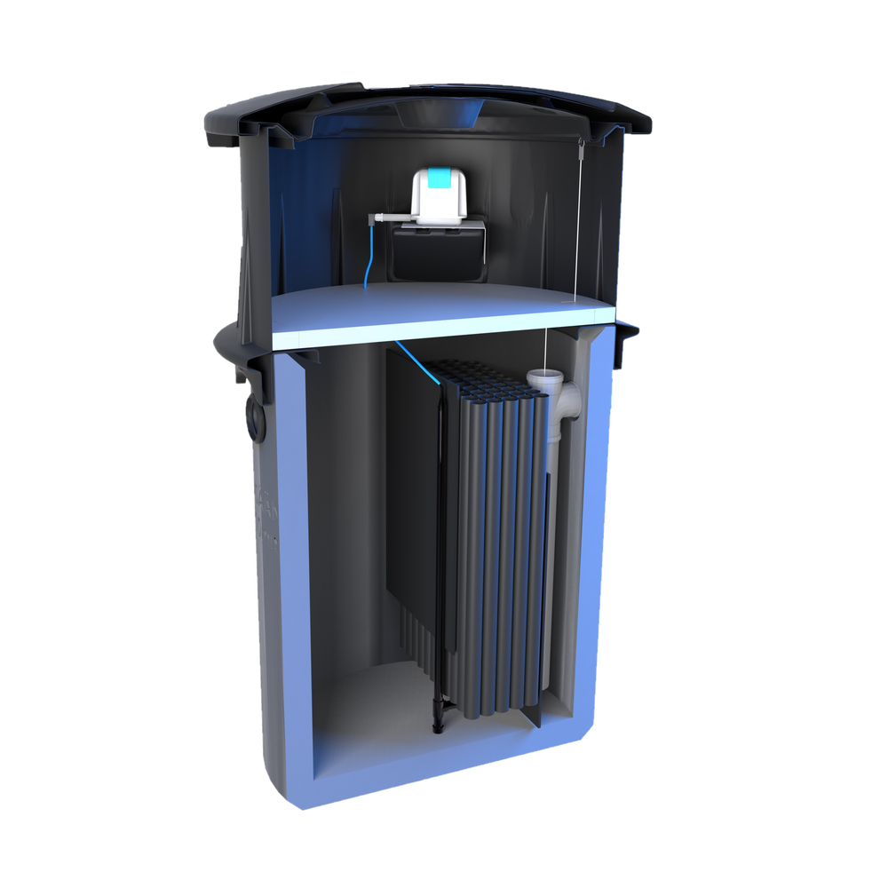 Biopuhdistaja 3 harmaavesille kotiin ja mökille leikkauskuvassa – kuvassa näkyvät laitteen sisäosat, kuten ilmastus ja biomoduulit biologista puhdistusta varten.