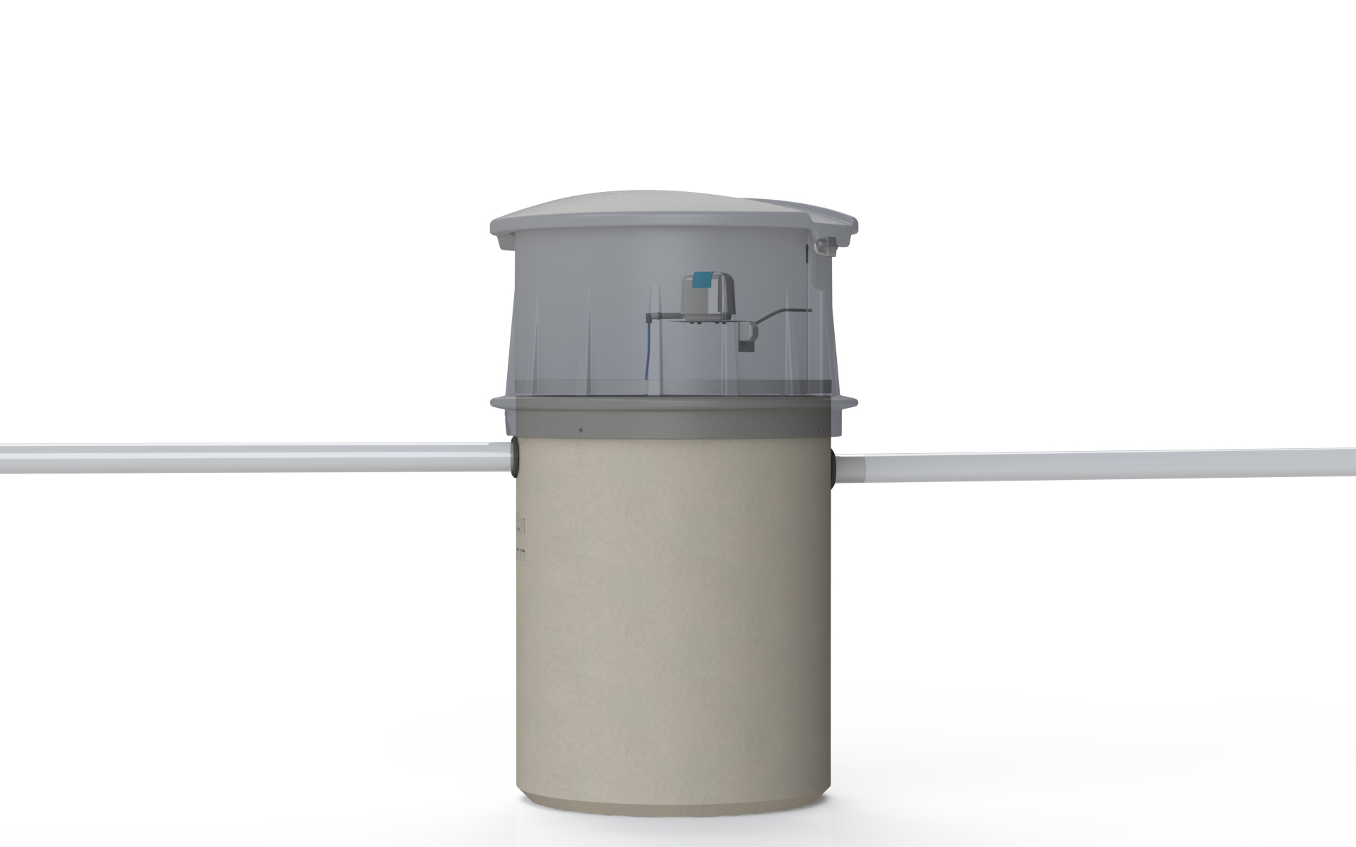 Asennettu Biopuhdistaja 4 harmaavesille koteihin ja mökeille – putket kytkettynä, läpinäkyvä yläosa havainnollistaa puhdistusprosessin toimintaa.